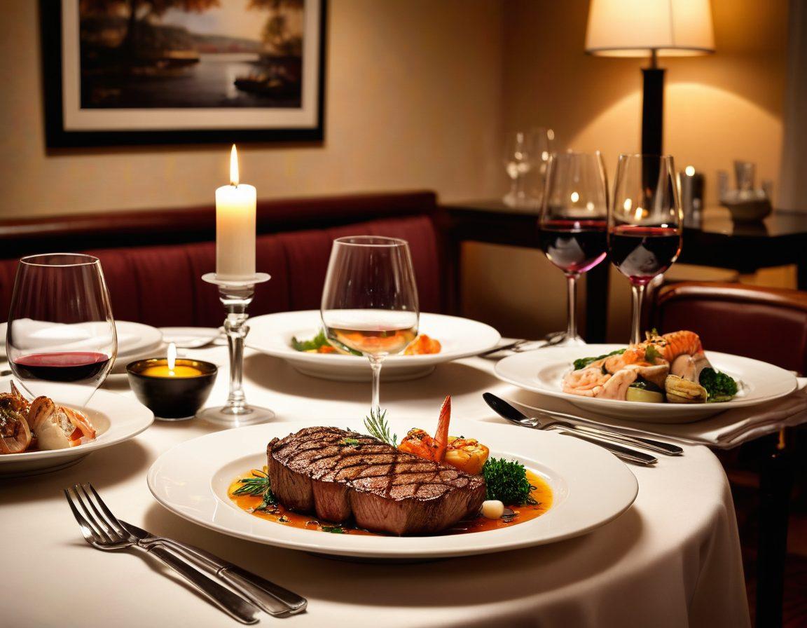 A beautifully set dinner table for two at Ruth's Chris Steak House, adorned with elegant candles, fine china, and a complimentary bottle of wine. The background features a warm, intimate ambiance with soft lighting and rich wooden decor. Highlight a delicious, perfectly cooked steak alongside a seafood platter, garnished with fresh herbs. The scene suggests romance and luxury, inviting viewers to partake in an unforgettable dining experience. super-realistic. warm tones. intimate atmosphere.