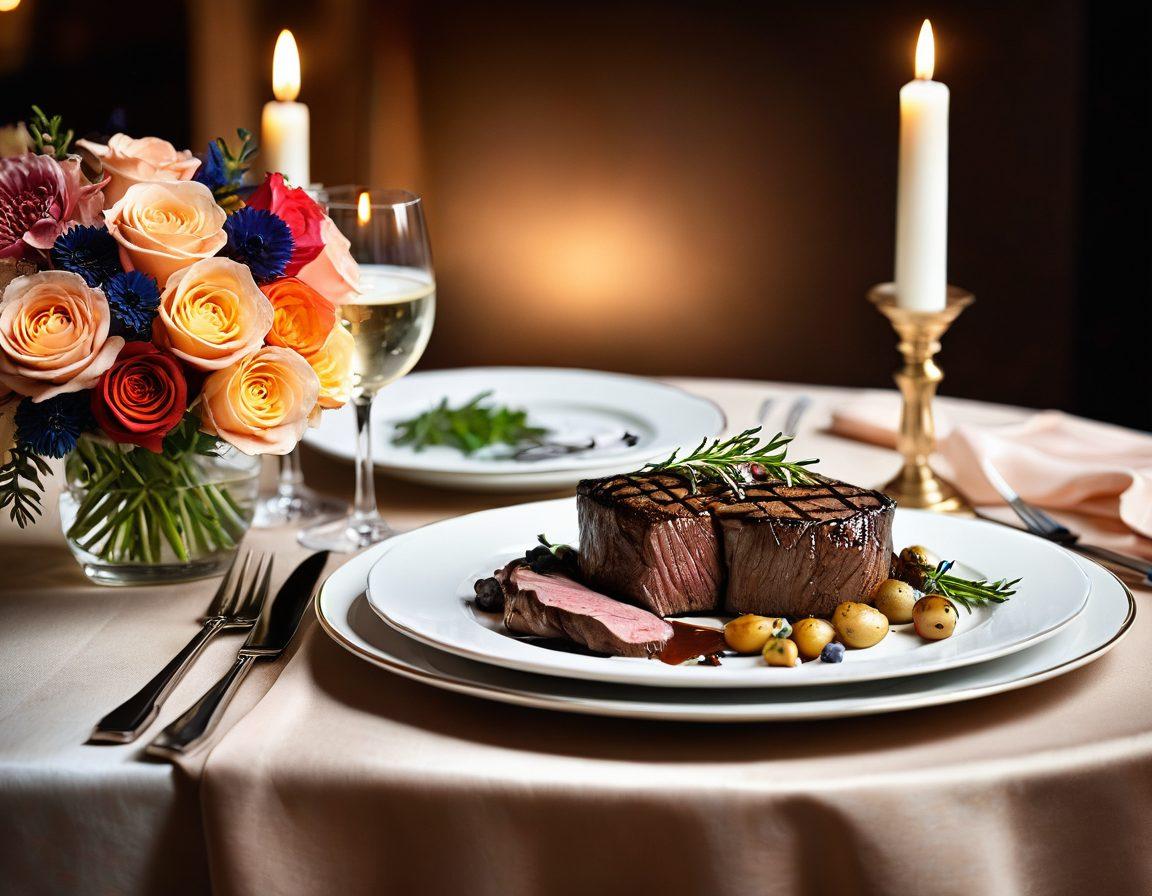 A beautifully set candlelit table for two, adorned with fine dining utensils, featuring a perfectly grilled steak and an elegantly presented dessert. Soft flowing fabric as a backdrop with subtle floral arrangements enhancing the romantic ambience. The setting glows softly, incorporating warm hues to evoke intimacy and culinary sophistication. super-realistic. vibrant colors. soft focus.