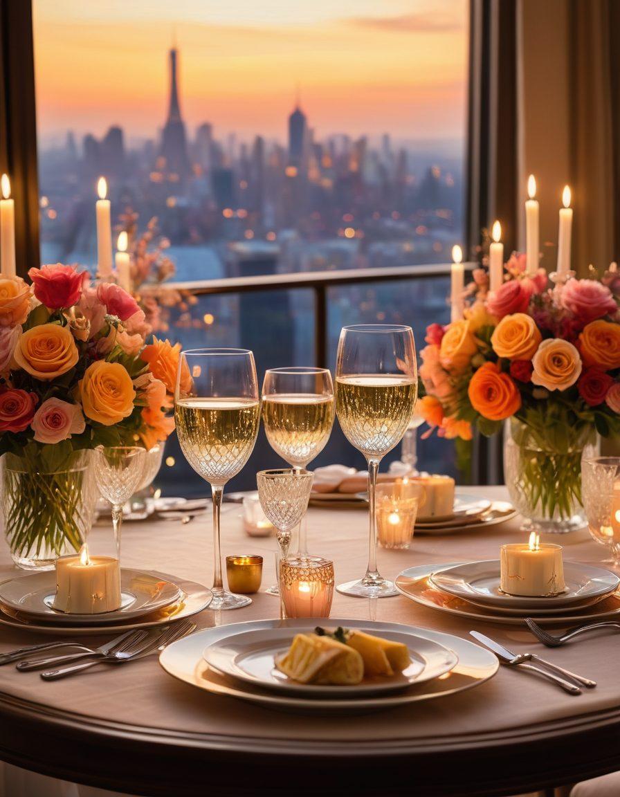 An elegantly set dining table adorned with fine china, crystal glassware, and flickering candles, surrounded by lush flowers and soft ambient lighting. In the background, a stunning view of a sunset or city skyline, creating a romantic atmosphere. Include a couple toasting with champagne glasses, exuding joy and intimacy in their upscale dining experience. soft focus. vibrant colors. romantic ambiance.